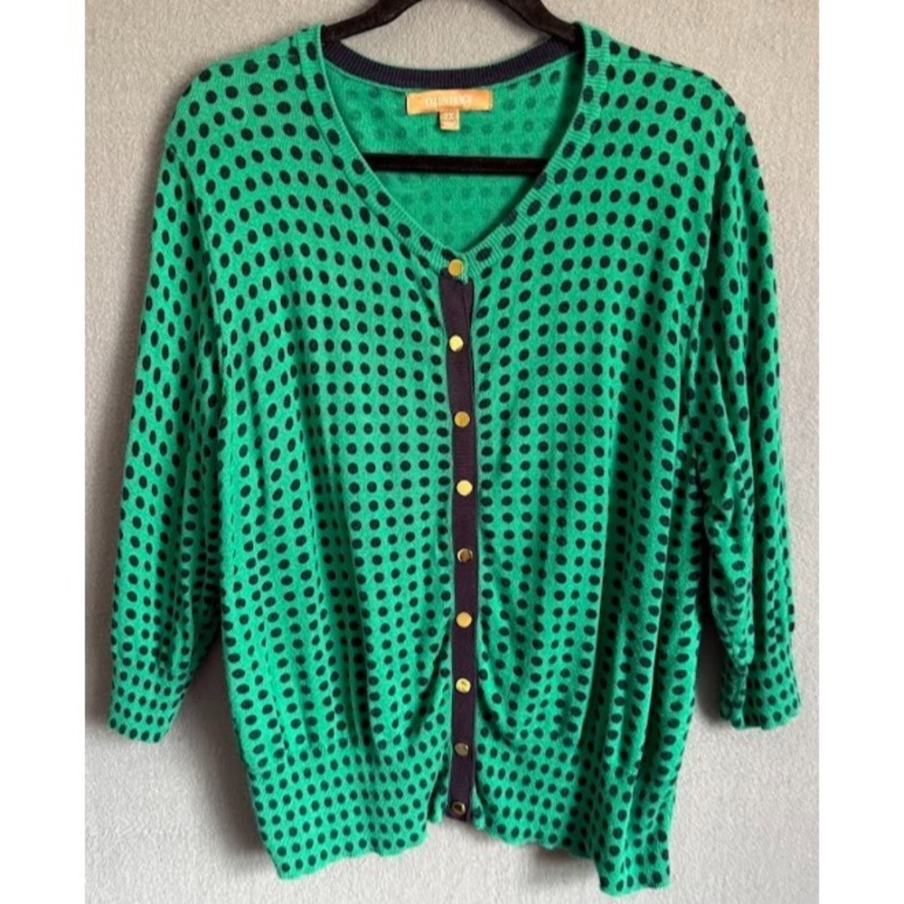 Ellen Tracy Cardigan Sweater Women 2X Green Polka Dot Buttons Cotton Blend VNeck